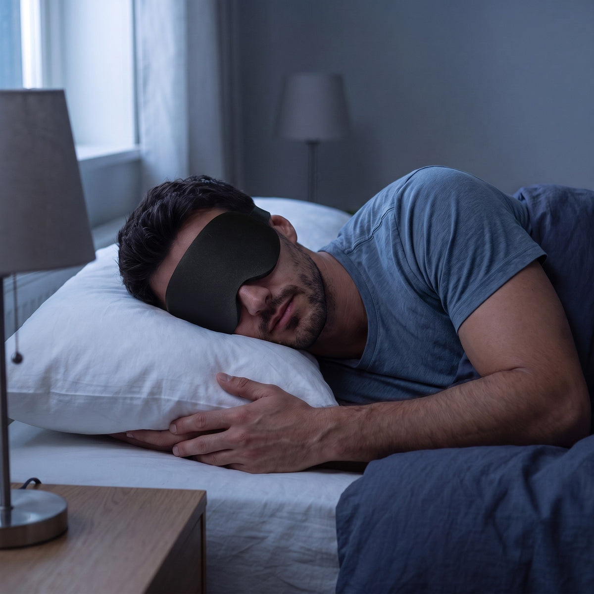 Man asleep on his side in a dim bedroom wearing the Northdusk mask