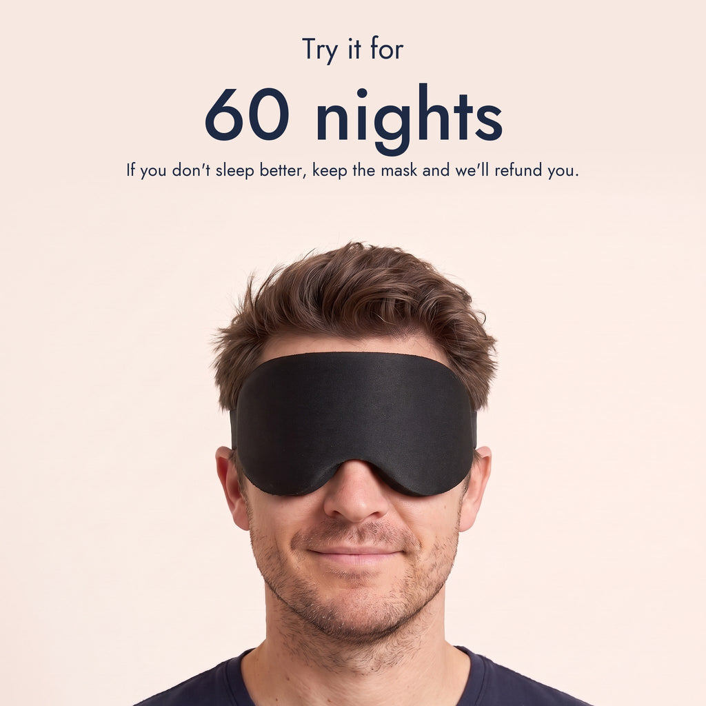 Man wearing the mask. Try it for 60 nights. If you don't sleep better, keep the mask and we'll refund you.
