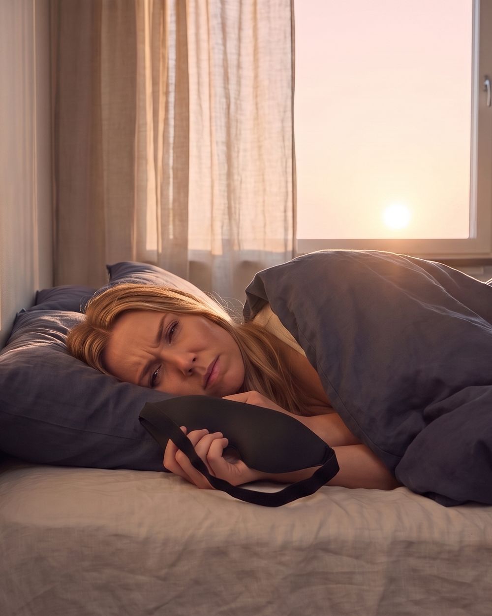 A woman woken by early sunlight, holding her sleep mask