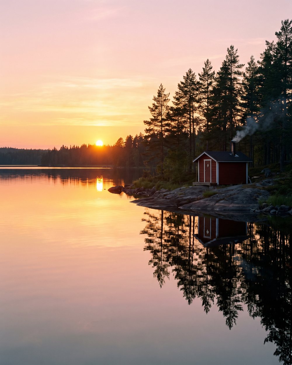 A Finnish lake at midnight in summer, the sun resting on the horizon